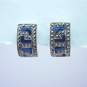 Blue Enamel Greek Key Earrings with Marcasite